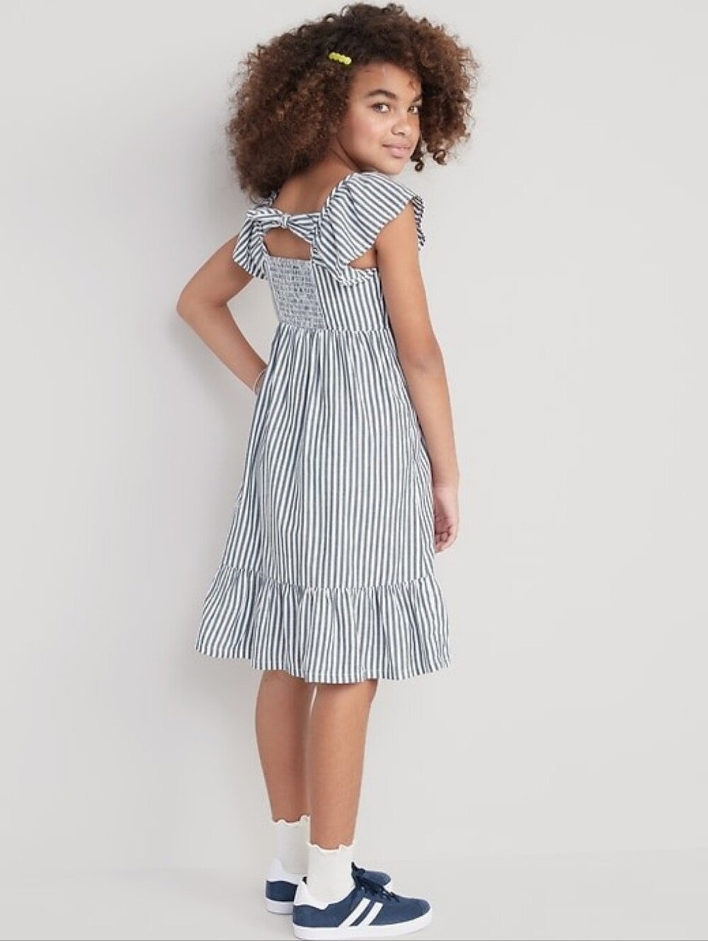 Old Navy Blue and White Striped Midi Dress with Tie-Back